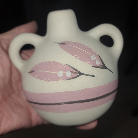 Other - Handcrafted Ceramic Vase with Pink Feather Design, Southwestern